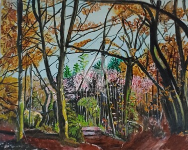 Painting titled "Forêt dautomne" by Isabelle Lucas, Original Artwork, Oil Mounted on Wood Stretcher frame