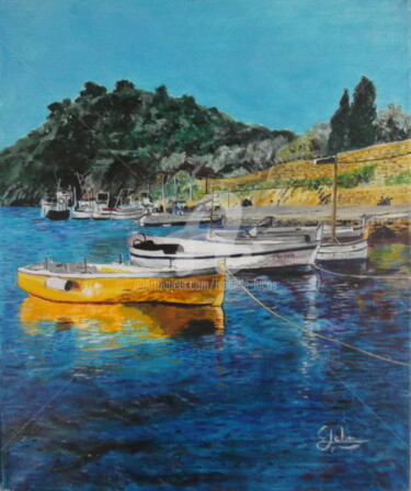 Painting titled "barques à Port Llig…" by Isabelle Lucas, Original Artwork, Oil