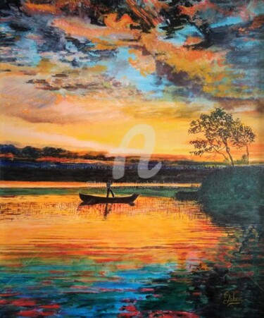 Painting titled "coucher de soleil s…" by Isabelle Lucas, Original Artwork, Oil