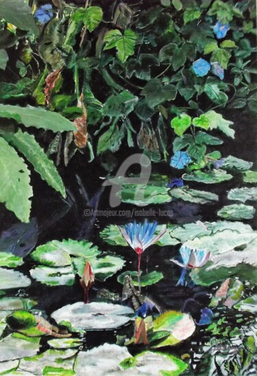 Malerei mit dem Titel "Le nénuphar bleu" von Isabelle Lucas, Original-Kunstwerk, Öl