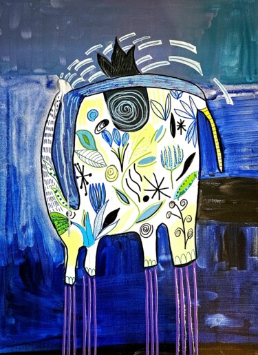 Painting titled "Elmer bleu" by Isabelle Mahaut, Original Artwork, Acrylic