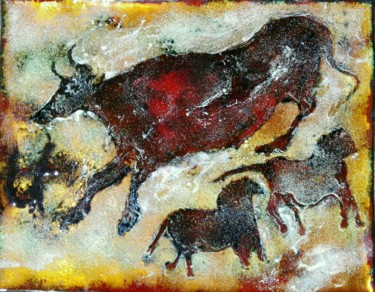 Painting titled "Vache rouge - Emaux…" by Isabelle Mathis, Original Artwork, Enamel Mounted on Wood Panel