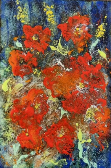 Painting titled "Champs de pavots" by Isabelle Mathis, Original Artwork, Enamel Mounted on Metal
