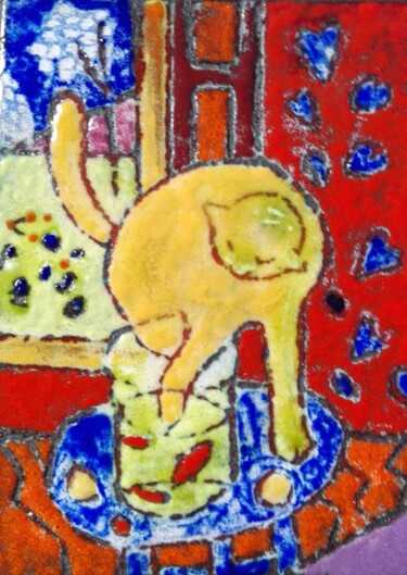 Картина под названием "Chat "Pitre"" - Isabelle Mathis, Подлинное произведение искусства, Эмаль Установлен на Камень