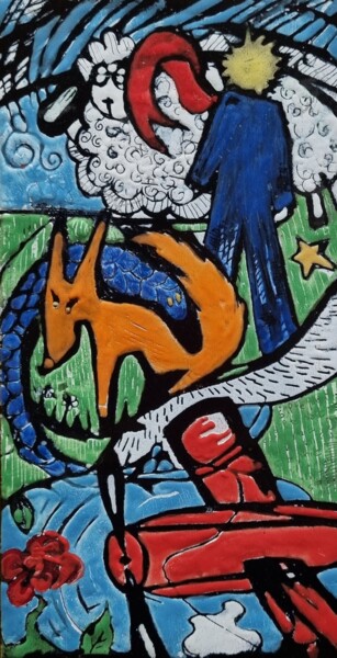 Painting titled "Le petit prince" by Isabelle Mathis, Original Artwork, Enamel Mounted on Wood Stretcher frame