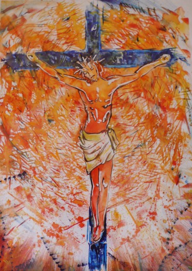 Painting titled "Christ orange - Piè…" by Isabelle Mathis, Original Artwork, Watercolor