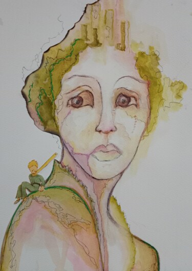 Ζωγραφική με τίτλο "Petit Prince" από Isabelle Merle, Αυθεντικά έργα τέχνης, Ακουαρέλα Τοποθετήθηκε στο Ξύλινο φορείο σκελετό