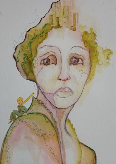 Painting titled "Petit Prince" by Isabelle Merle, Original Artwork, Watercolor Mounted on Wood Stretcher frame