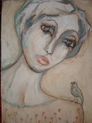 Malerei mit dem Titel "La femme et l'oiseau" von Isabelle Merle, Original-Kunstwerk, Aquarell