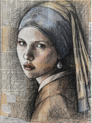 Drawing titled "La jeune fille à la…" by Isabelle Milloz, Original Artwork, Watercolor Mounted on Wood Stretcher frame