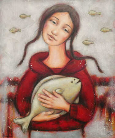 Painting titled "Mon ami poisson" by Isabelle Milloz, Original Artwork, Acrylic Mounted on Wood Stretcher frame