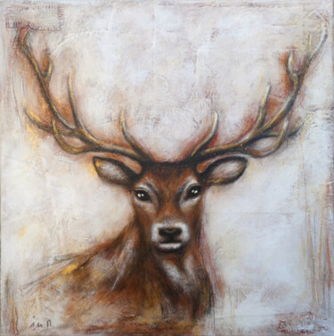 Painting titled "Cerf I" by Isabelle Milloz, Original Artwork, Acrylic Mounted on Wood Stretcher frame