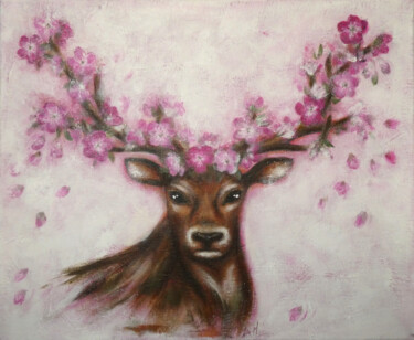 Painting titled "Cerf au printemps I" by Isabelle Milloz, Original Artwork, Acrylic Mounted on Wood Stretcher frame