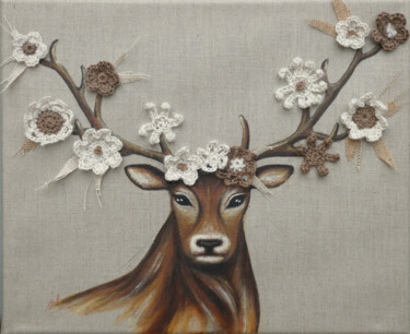 Painting titled "Cerf aux fleurs lin…" by Isabelle Milloz, Original Artwork, Acrylic Mounted on Wood Stretcher frame