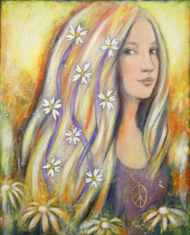 Painting titled "Flowers in your hair" by Isabelle Milloz, Original Artwork, Acrylic Mounted on Wood Stretcher frame