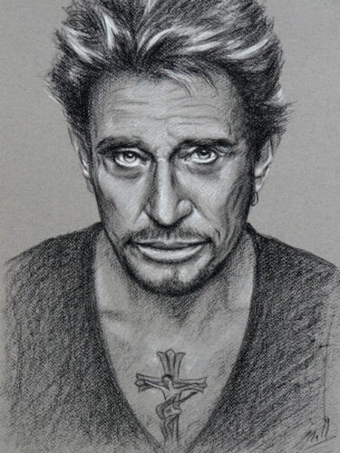 Zeichnungen mit dem Titel "Portrait de Johnny…" von Isabelle Milloz, Original-Kunstwerk, Kreide