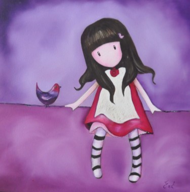 Peinture intitulée "La fille et l'oiseau" par Isabelle Frot, Œuvre d'art originale, Acrylique