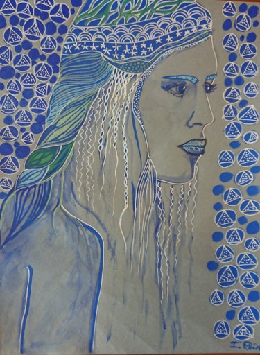 Peinture intitulée "Portrait bleu aux p…" par Isabelle Pain, Œuvre d'art originale, Marqueur