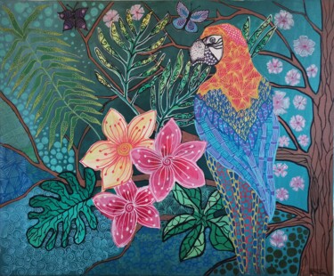 Painting titled "la jungle au perroq…" by Isabelle Pain, Original Artwork, Acrylic Mounted on Wood Stretcher frame