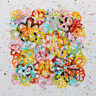 Painting titled "Pop Flowers 3" by Isabelle Pelletane, Original Artwork, Acrylic Mounted on Wood Stretcher frame