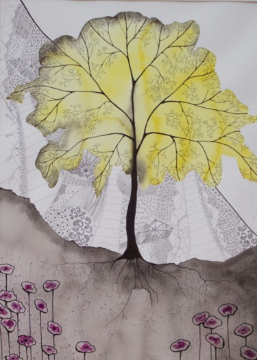 Painting titled "Arbre jaune 2" by Pichot Di Qual, Original Artwork, Watercolor