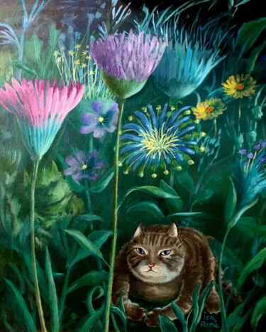 Malarstwo zatytułowany „Le chat dans le jar…” autorstwa Isabelle Rene, Oryginalna praca, Olej Zamontowany na Drewniana rama…