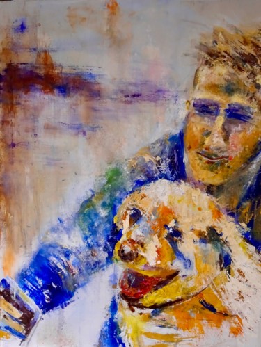 Painting titled "Antoine et son chien" by Isabelle Reygaerts, Original Artwork, Oil