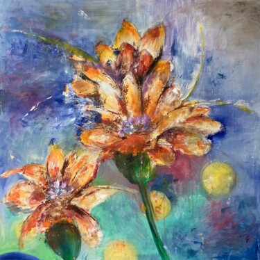 Painting titled "fleurs oranges sur…" by Isabelle Reygaerts, Original Artwork, Oil