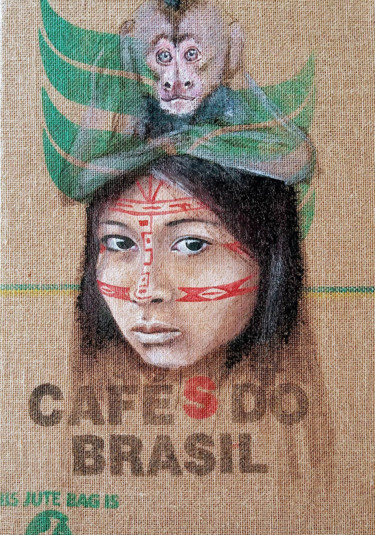 Pintura intitulada "Indienne Surùu sur…" por Isabelle Roye, Obras de arte originais, Óleo Montado em Painel de madeira