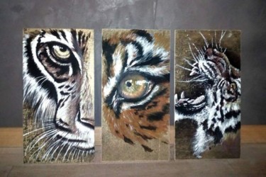 Schilderij getiteld "Triptyque FELINS" door Isabelle Roye, Origineel Kunstwerk, Olie Gemonteerd op Houten paneel