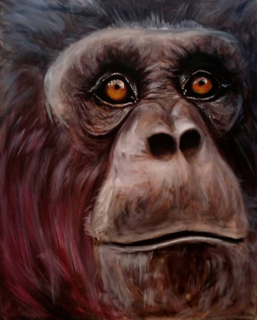 Schilderij getiteld "Gorille sur toile" door Isabelle Roye, Origineel Kunstwerk, Olie Gemonteerd op Frame voor houten branca…