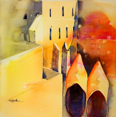 Painting titled "Babouches face au m…" by Isabelle Seruch Capouillez, Original Artwork, Watercolor