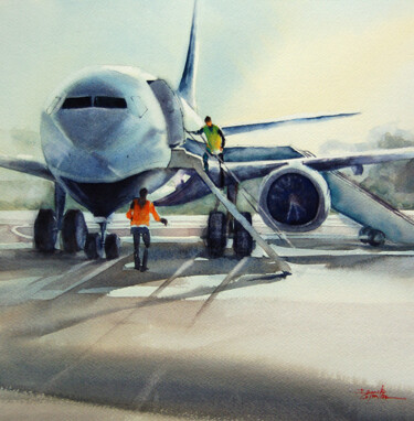 Pintura titulada "Aquarelle Avion Tou…" por Isabelle Seruch Capouillez, Obra de arte original, Acuarela