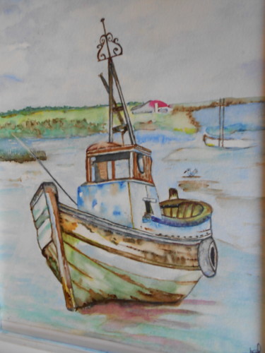 Painting titled "BATEAU LUMIERE" by Isabelle Stock, Original Artwork, Watercolor Mounted on Cardboard