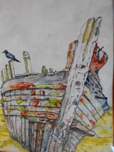 Painting titled "EPAVE A L'OISEAU" by Isabelle Stock, Original Artwork, Watercolor