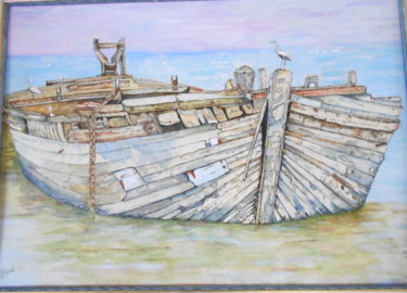 Painting titled "BATEAU 3D" by Isabelle Stock, Original Artwork, Watercolor Mounted on Other rigid panel