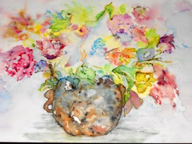 Painting titled "VIEUX POT DE FLEURS" by Isabelle Stock, Original Artwork, Watercolor Mounted on Cardboard