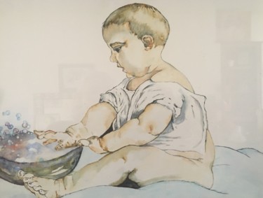 Schilderij getiteld "Bébé fait la lessive" door Isabelle Stock, Origineel Kunstwerk, Aquarel Gemonteerd op Karton