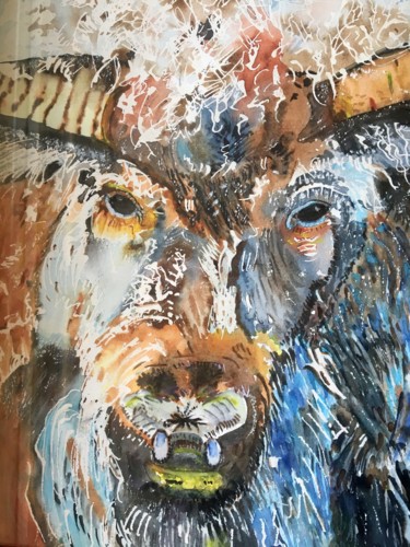 Painting titled "Bison givré" by Isabelle Stock, Original Artwork, Watercolor Mounted on Cardboard