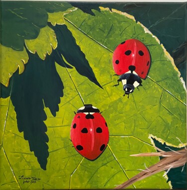Painting titled "Coccinelles sous le…" by Isabelle Tysiac, Original Artwork, Acrylic Mounted on Wood Stretcher frame