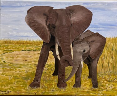 Peinture intitulée "Eléphant et son pet…" par Isabelle Tysiac, Œuvre d'art originale, Acrylique Monté sur Châssis en bois