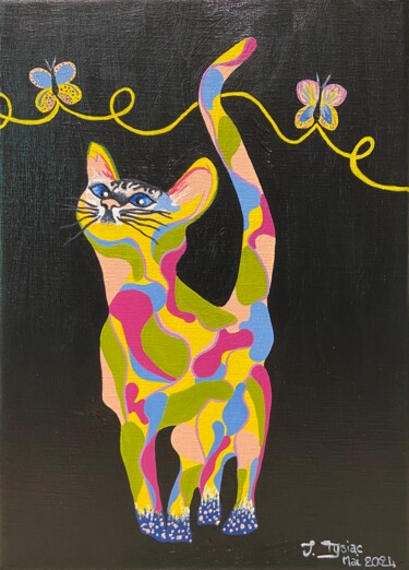Painting titled "Chat aux papillons" by Isabelle Tysiac, Original Artwork, Acrylic Mounted on Wood Stretcher frame