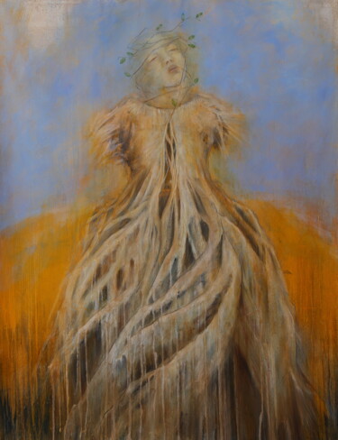 Painting titled "Dryade" by Isabelle Vialle, Original Artwork, Oil Mounted on Wood Stretcher frame