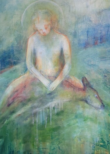 Painting titled "Pieta2024" by Isabelle Vialle, Original Artwork, Oil Mounted on Wood Stretcher frame