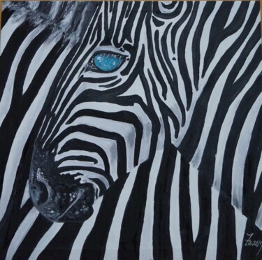 Painting titled "PORTRAIT D'UN ZEBRE" by Isabelle Zwang, Original Artwork, Oil Mounted on Wood Stretcher frame