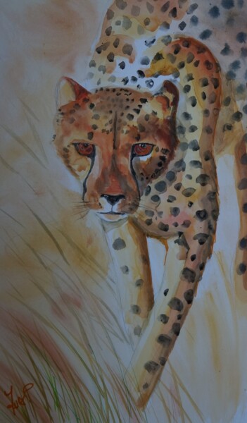 Painting titled "GUEPARD 1" by Isabelle Zwang, Original Artwork, Watercolor