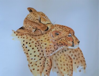 Painting titled "GUEPARDS 2" by Isabelle Zwang, Original Artwork, Watercolor