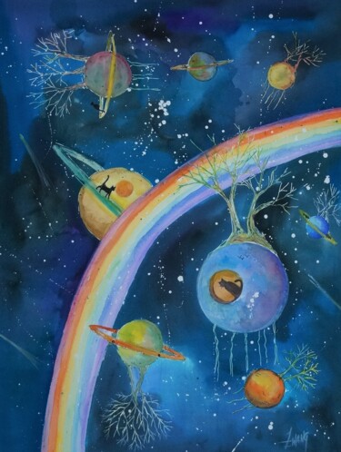 Peinture intitulée "Les planètes arbres" par Isabelle Zwang, Œuvre d'art originale, Aquarelle