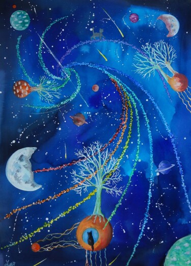 Painting titled "LA PLANETE CHENE" by Isabelle Zwang, Original Artwork, Watercolor