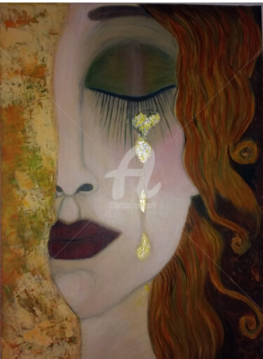 Painting titled "Les larmes d'or" by Isabelle Blot, Original Artwork, Acrylic Mounted on Wood Panel